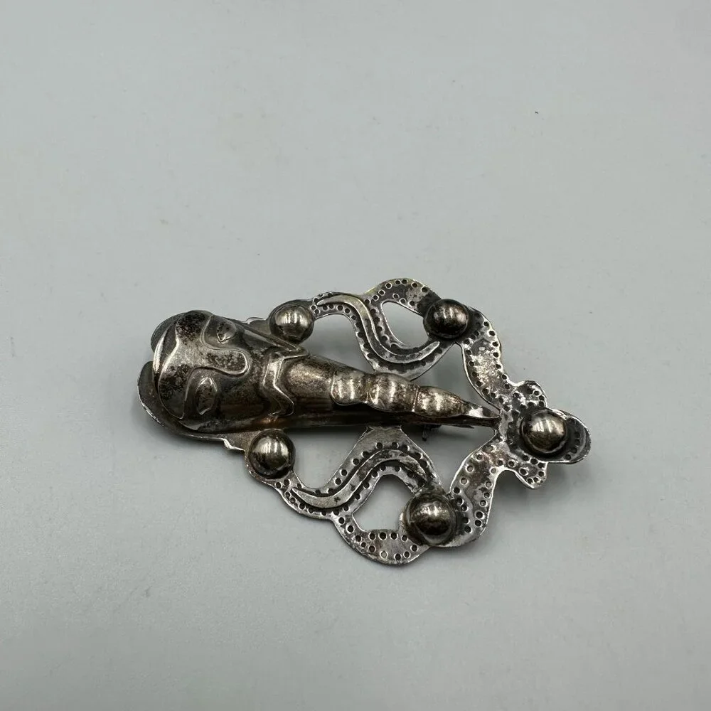 Vintage Mask Brooch Sterling Silver Tribal Face Figural Abstract Ethnic Artisan